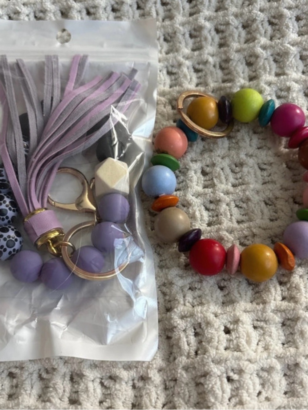 Purple Tassel Keychain and Multicolor Wood Bead Bracelet Set